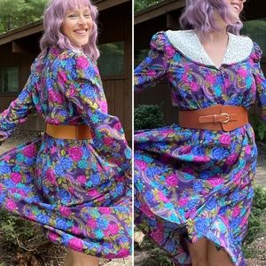 1980s Vintage Floral Print Belted Secretary Dress